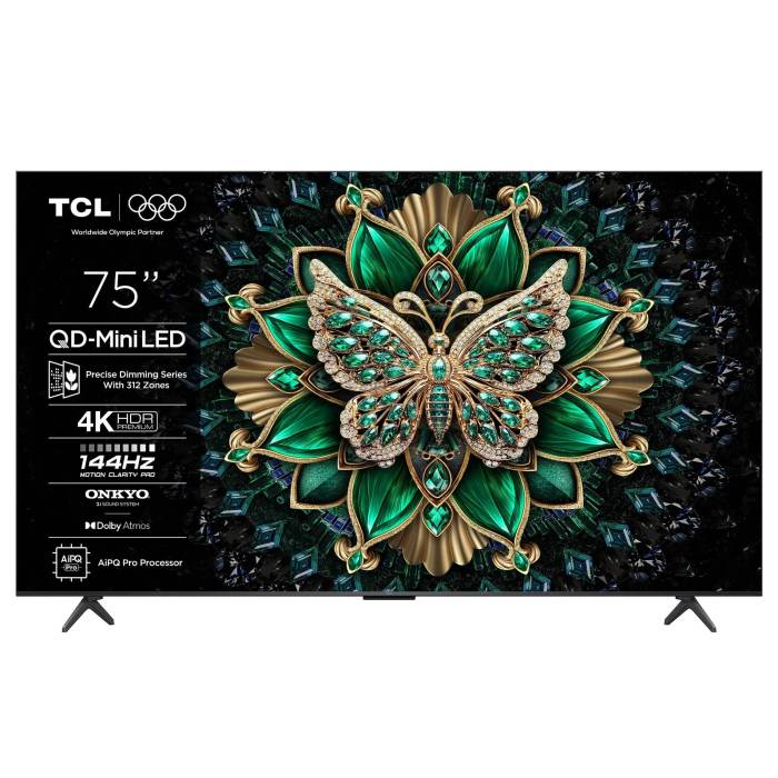 Телевизор TCL 75C6K QD-Mini LED, 4K Ultra HD, 144 Гц, Dolby Audio и Atmos, ONKYO 2.1