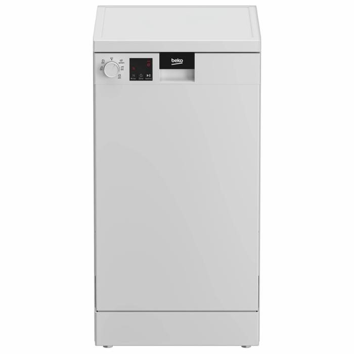 Белая посудомоечная машина Beko DVS050R01W шириной 45 см с LED дисплеем и поворотным переключателем, вместимость — 10 комплектов посуды
