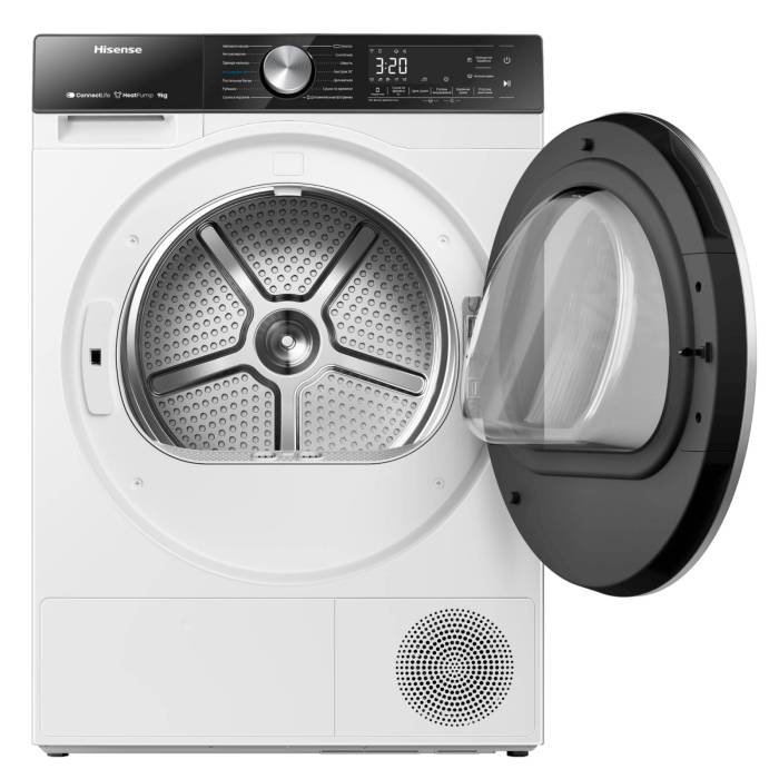 Hisense DH5S902BW — технология Heat Pump повторно использует горячий воздух, обеспечивая бережную сушку при низкой температуре (класс A++)
