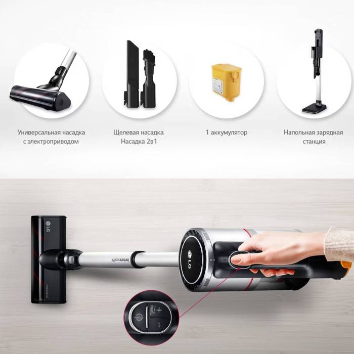 LG A9N-CORE CordZero™ — управление «в одно касание»: включение, режимы, Турбо без удерживания кнопок