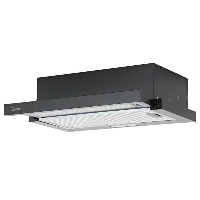 Midea MH60P205B — выдвижная полувстраиваемая вытяжка с производительностью 180 м³/ч, корпус из черного металла, купить в Бишкеке