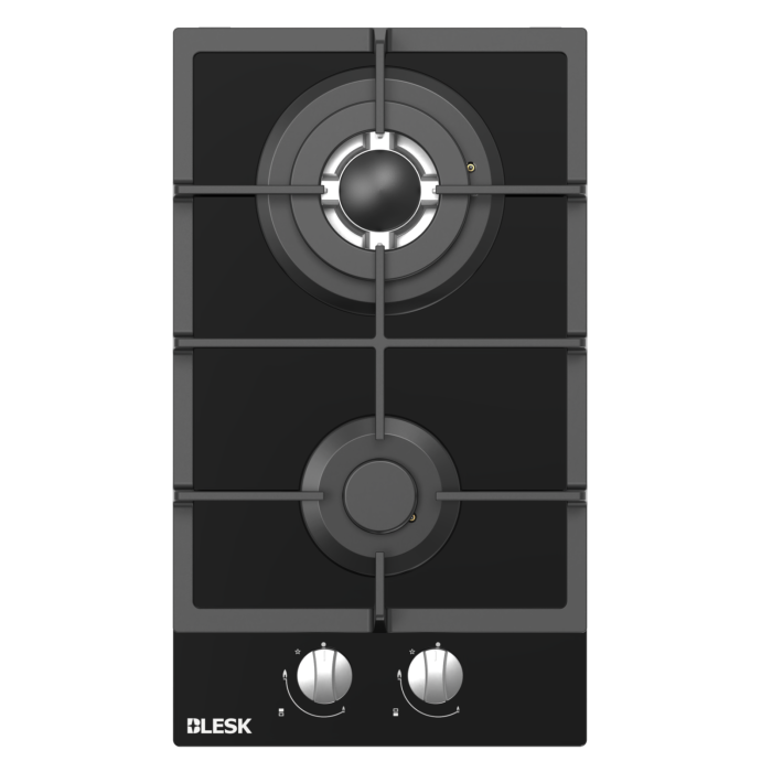 BLESK BZ30G095G — встраиваемая газовая варочная панель, размер 520×300×100 мм, встраиваемый размер 262×480 мм, матовая поверхность, глянцевая эмаль, черная стеклянная панель 8 мм.