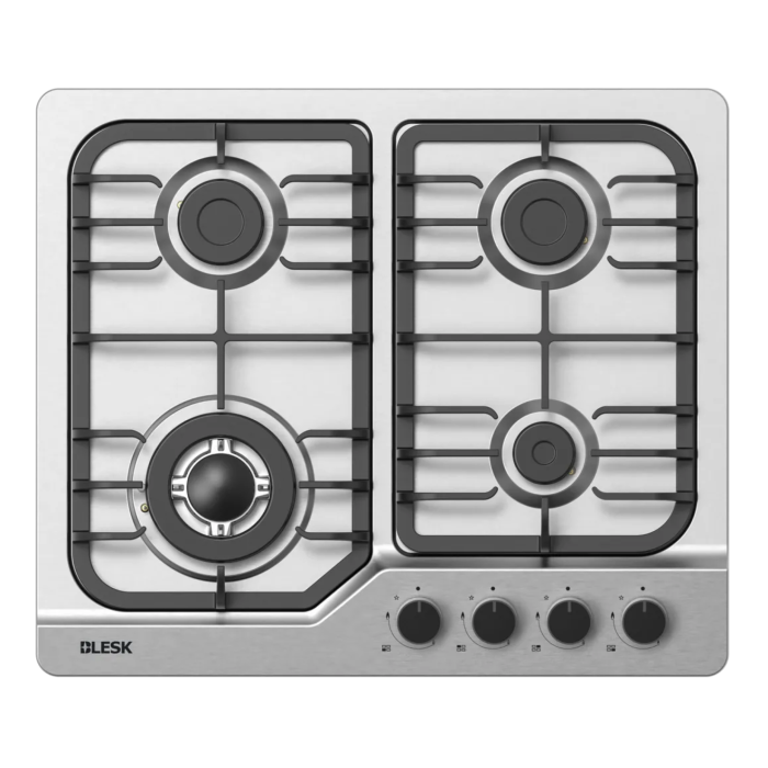BLESK BZ60GJ401S — встраиваемая газовая варочная панель, размер 600×510×95 мм, встраиваемый размер 560×480 мм, матовая поверхность, матовая вогнутая крышка горелки.