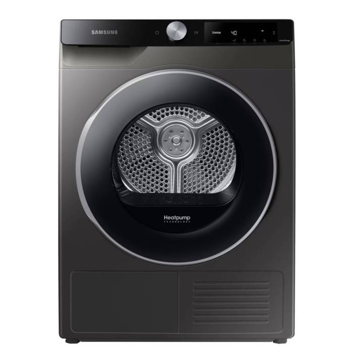 Samsung DV90T6240LX/LP — сушильная машина с тепловым насосом, загрузка 9 кг, цвет корпуса инокс с черной дверцей и серебряным деко, отдельностоящая.