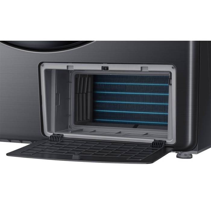 Samsung DV16DG8600BV — сушильная машина с гибридным тепловым насосом, загрузка 16 кг, цвет корпуса черный, дверца тонированная с черным декором, отдельностоящая.