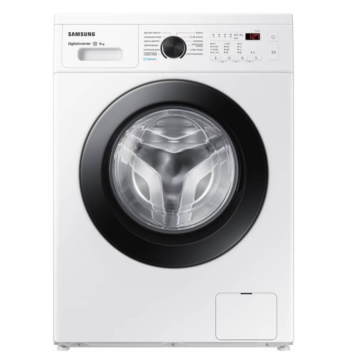 Samsung WW60AG4S00CELD — стиральная машина 6 кг с LED‑панелью и современным дизайном белого корпуса и черной дверцы — Onbir.kg Бишкек, Кыргызстан