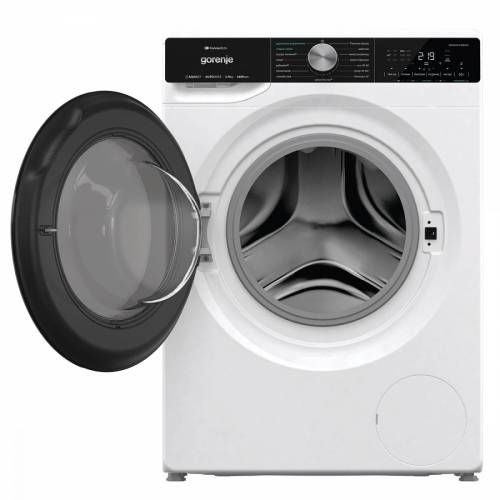 Gorenje WNS94A1AWIFI — стиральная машина 9 кг со стильным белым корпусом и чёрным люком, произведена в Словении